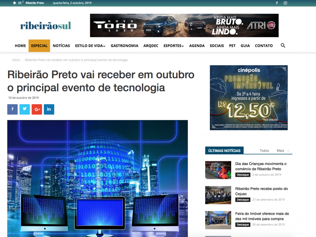 Matéria sobre o congresso rti de data centers está na categoria "Especial" no dia 10 de outubro, jornal online Ribeirão Sul