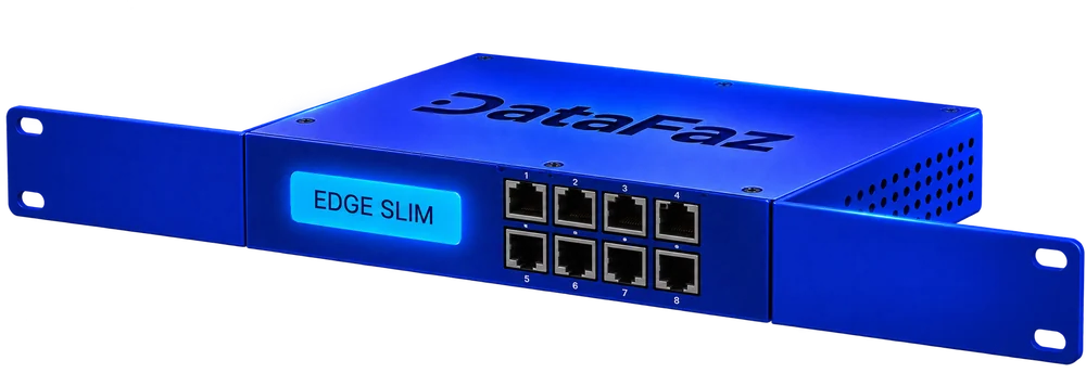 Datafaz Edge Slim: controlador de rack 1U azul, com visor e oito portas RJ45 para os sensores do POP