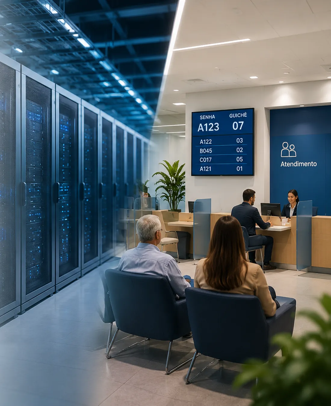 Sala de data center com racks à esquerda e área de atendimento presencial com painel de senhas à direita