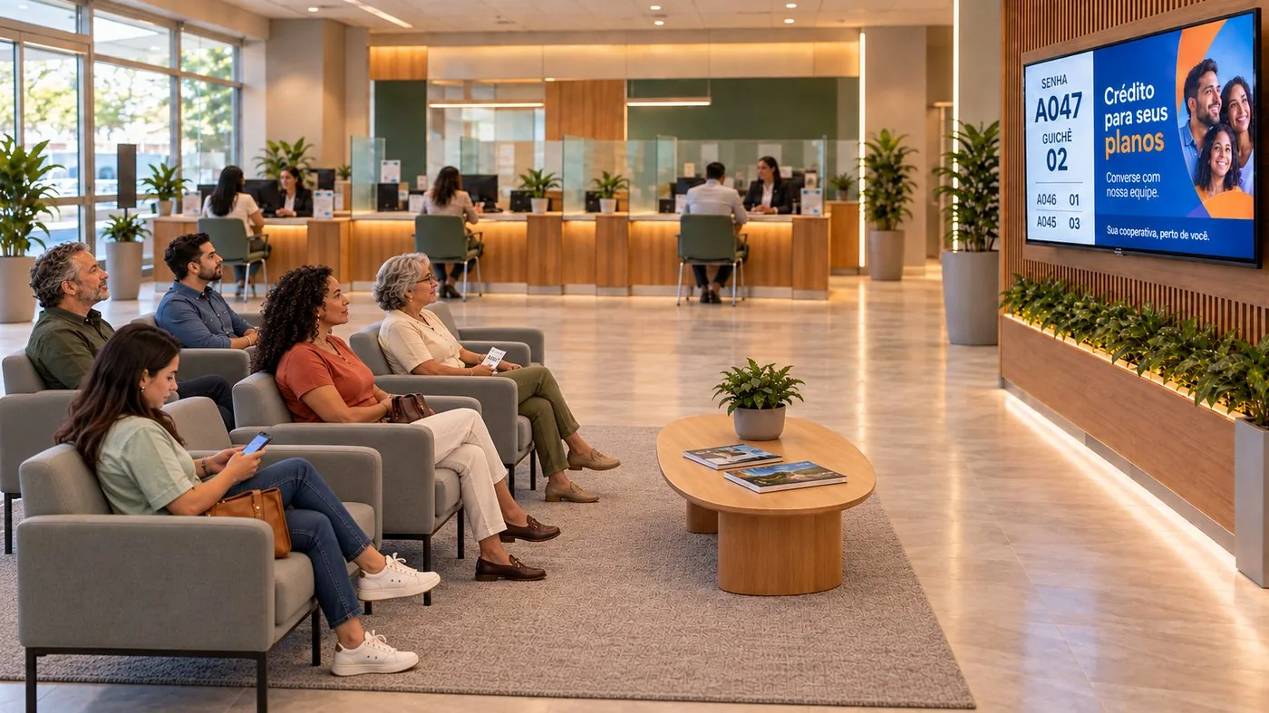Sala de espera de uma agência de cooperativa de crédito. Pessoas sentadas olham para um painel na parede que mostra a senha A047, o guichê 02 e uma campanha de crédito da cooperativa.